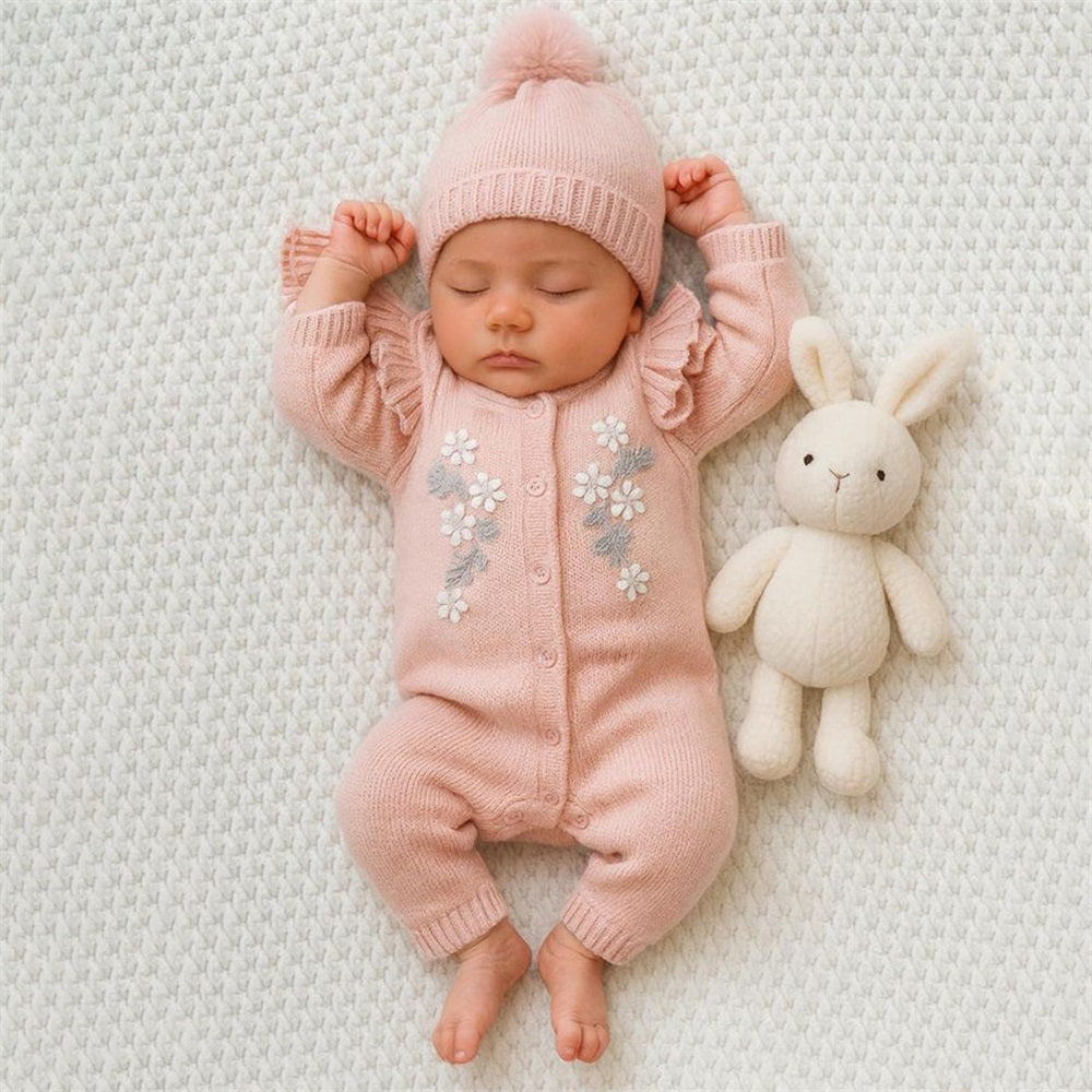 2PCS Floral Embroidery Comfortable Knitted Long Sleeve Baby Jumpsuit