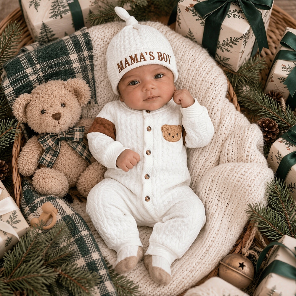 2PCS Cozy "Mama's Boy" Bear Applique Long Sleeve Knitted Baby Jumpsuit