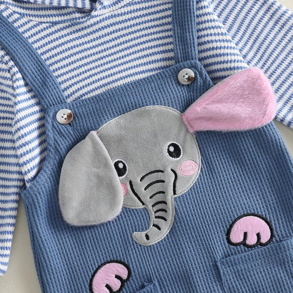 Faux Two Piece Elephant Stripe Print Long Sleeve Baby Hoodie Jumpsuit