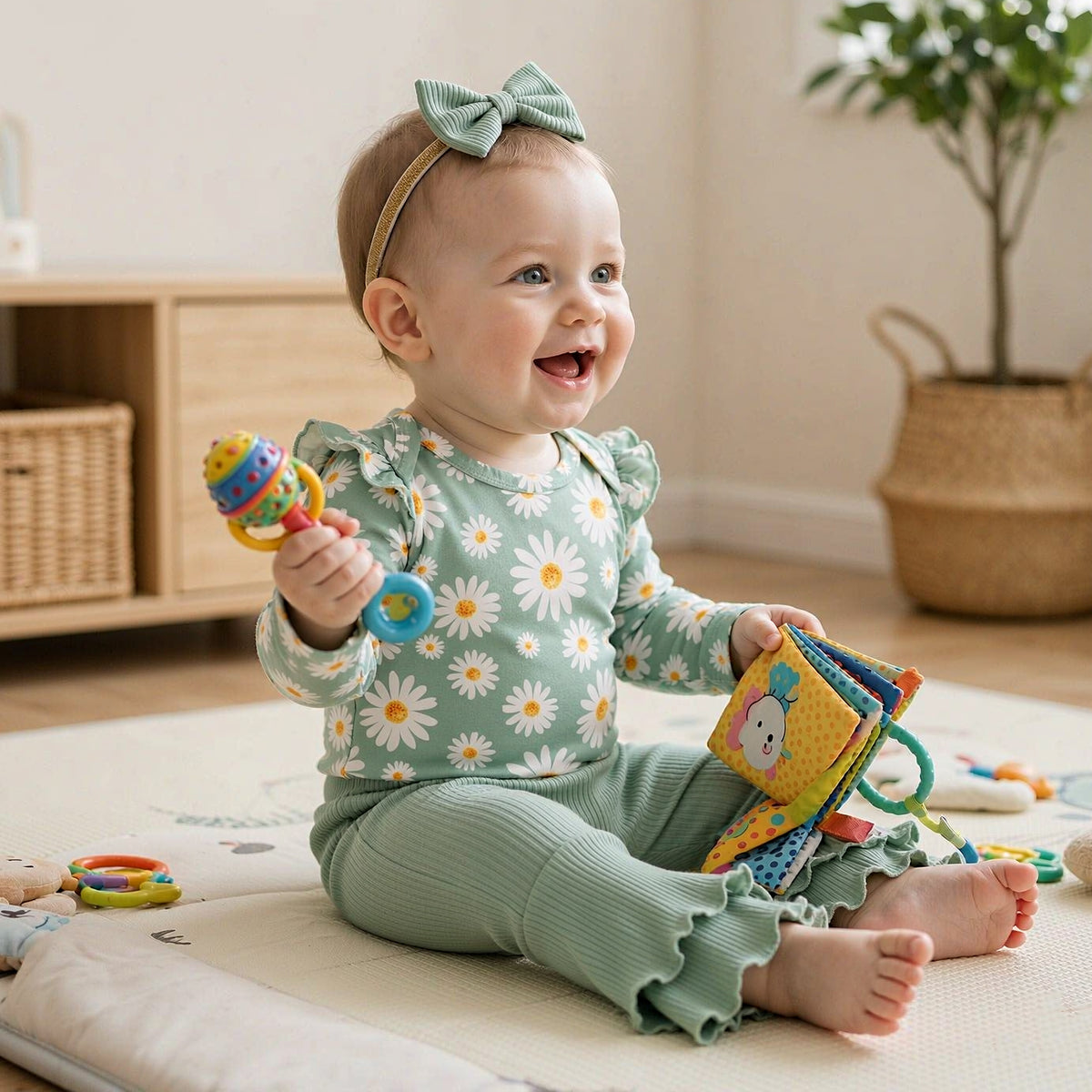 3PCS Fresh Daisy Printed Long Sleeve Flared Pants Baby Set