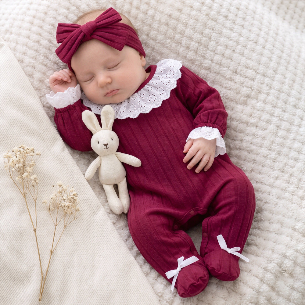 2PCS Vintage Solid Color Lace Eyelet Long Sleeve Baby Girl Jumpsuit