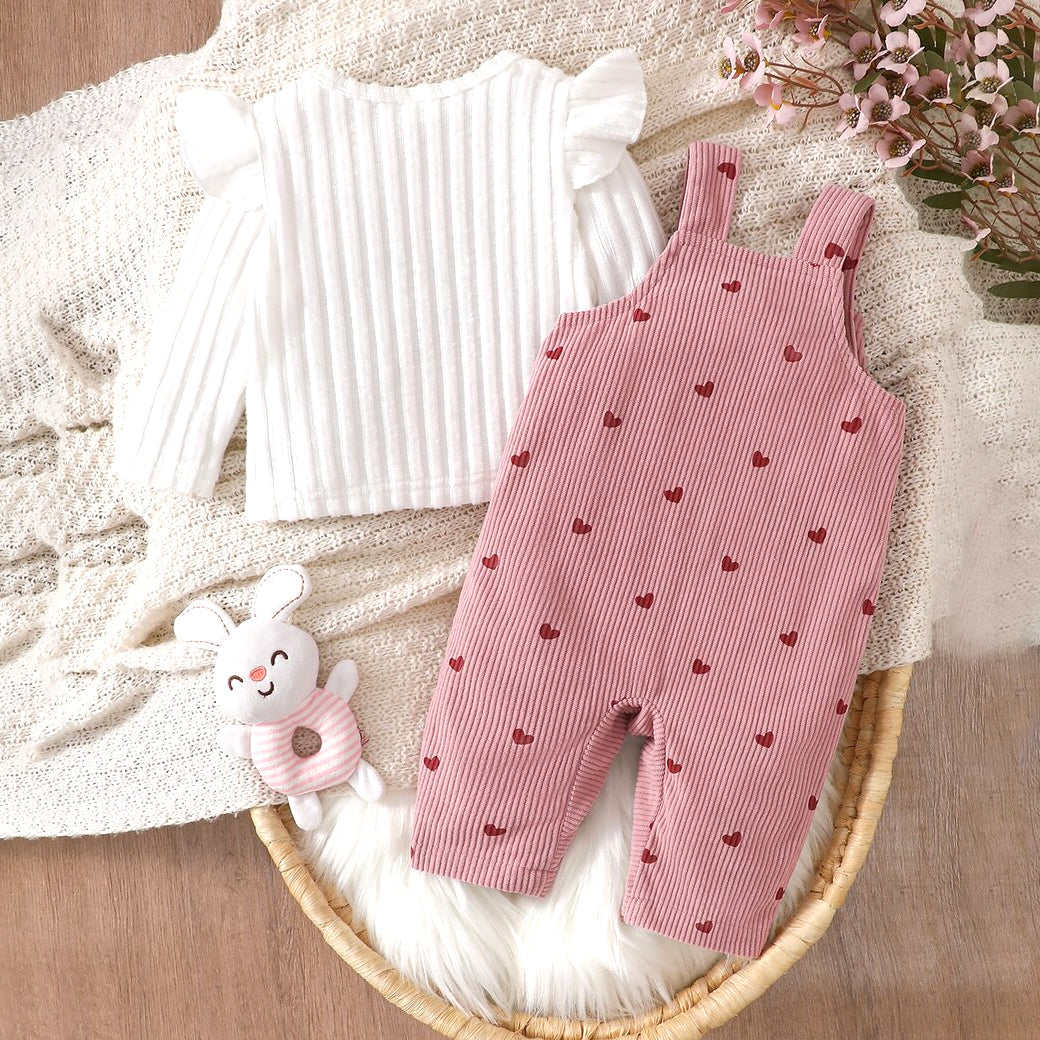 2PCS Bear Applique Heart Print Long Sleeve Corduroy Baby Overalls Set