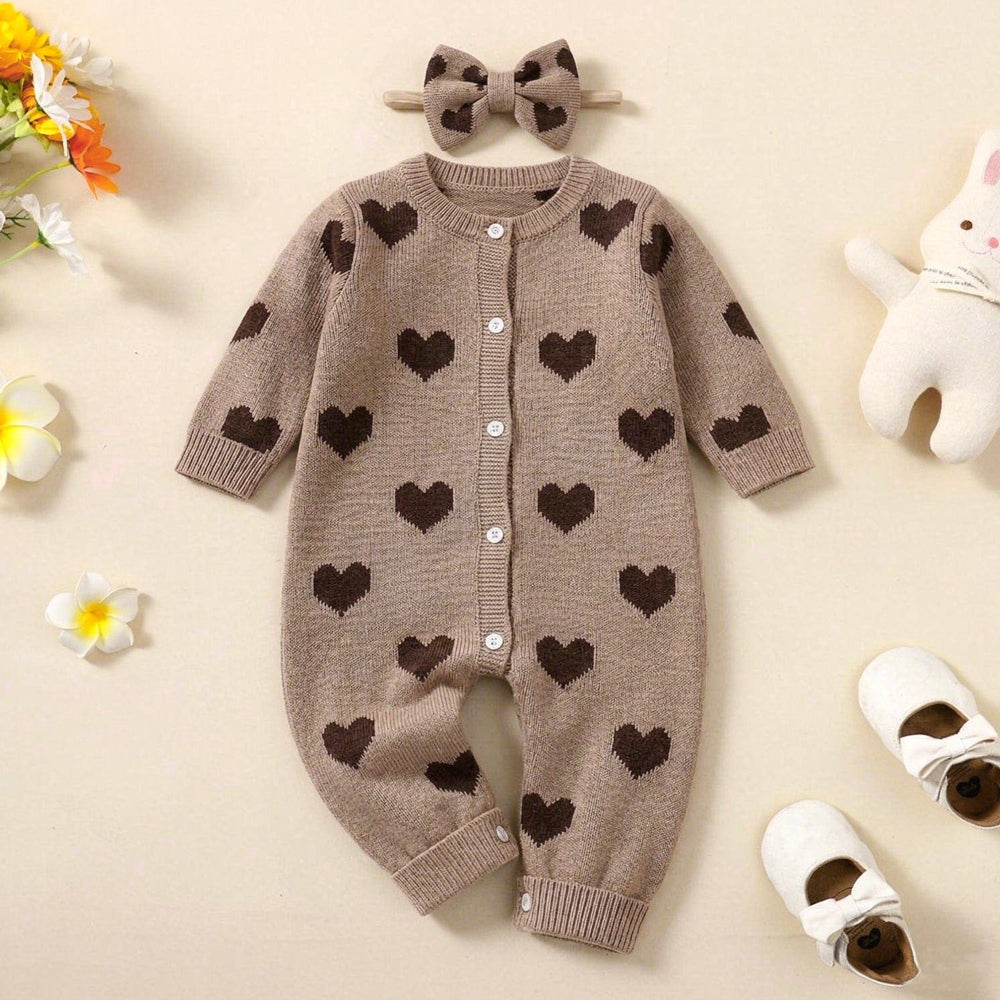 2PCS Autumn/Winter Heart Print Knit Long Sleeve Baby Jumpsuit
