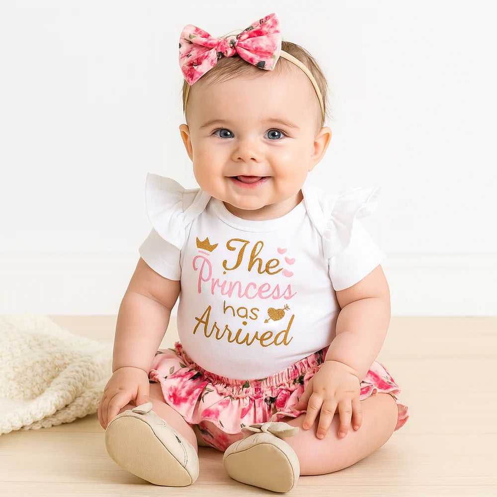 3PCS The Princess Has Arrived Letter Printed Floral Baby Set