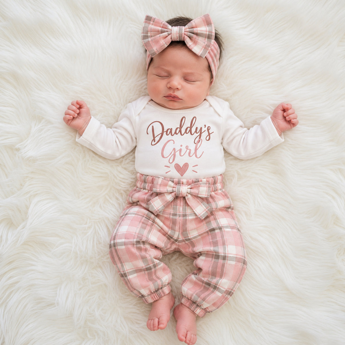 3PCS Daddy's Girl Letter Heart Plaid Print Long Sleeve Baby Set