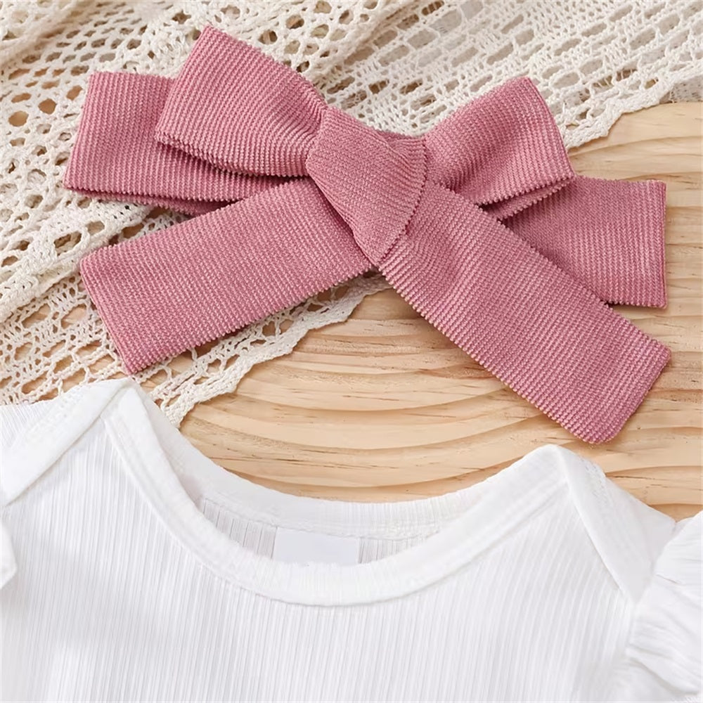 3PCS Sweet Bow Print Long Sleeve Baby Overalls Set