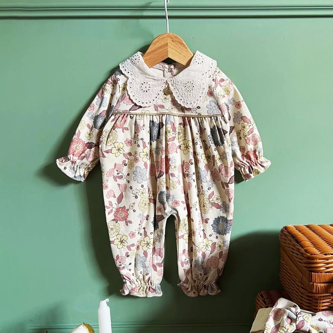 2PCS Pastoral Floral Print Scalloped Lace Yoke Long Sleeve Girl Jumpsuit