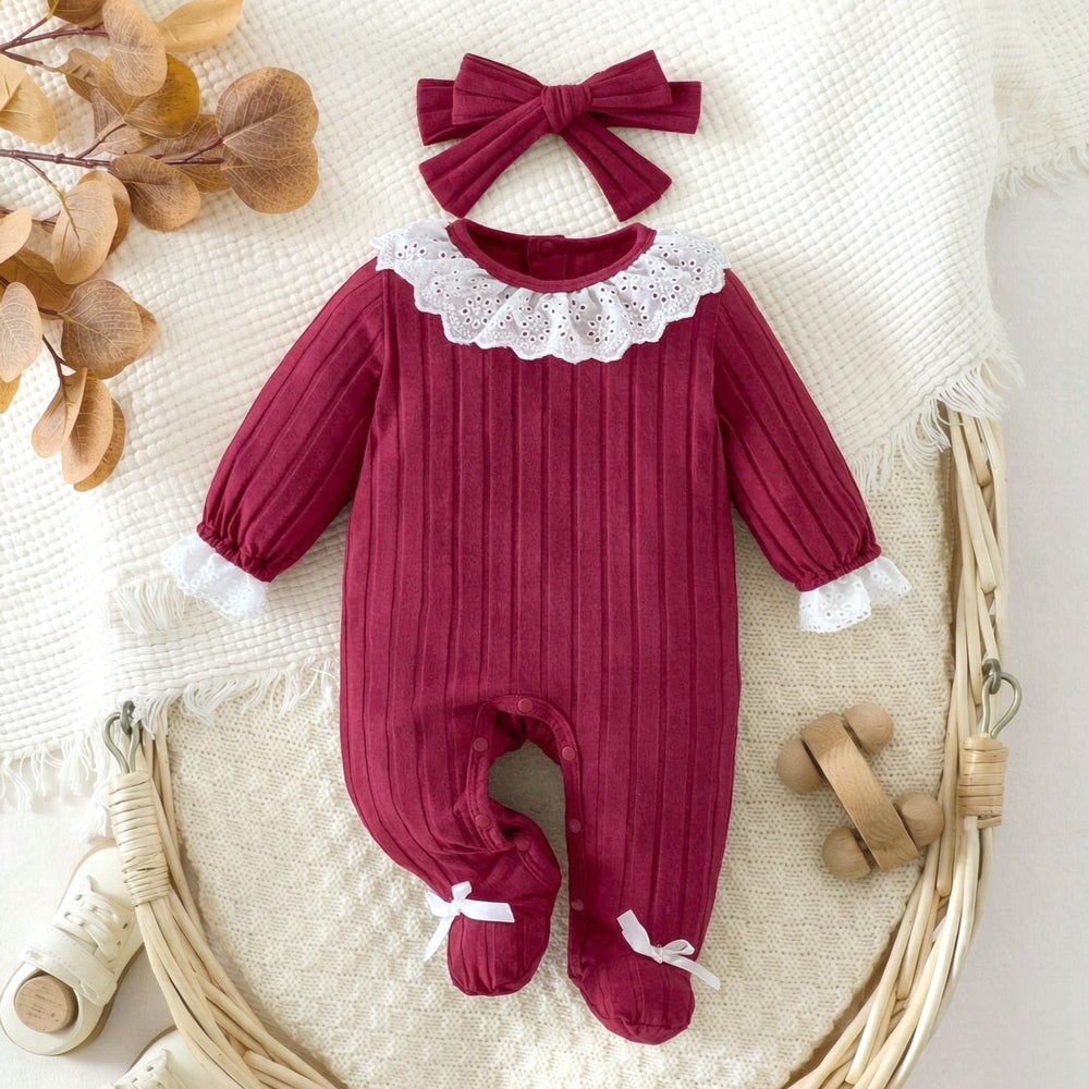2PCS Vintage Solid Color Lace Eyelet Long Sleeve Baby Girl Jumpsuit