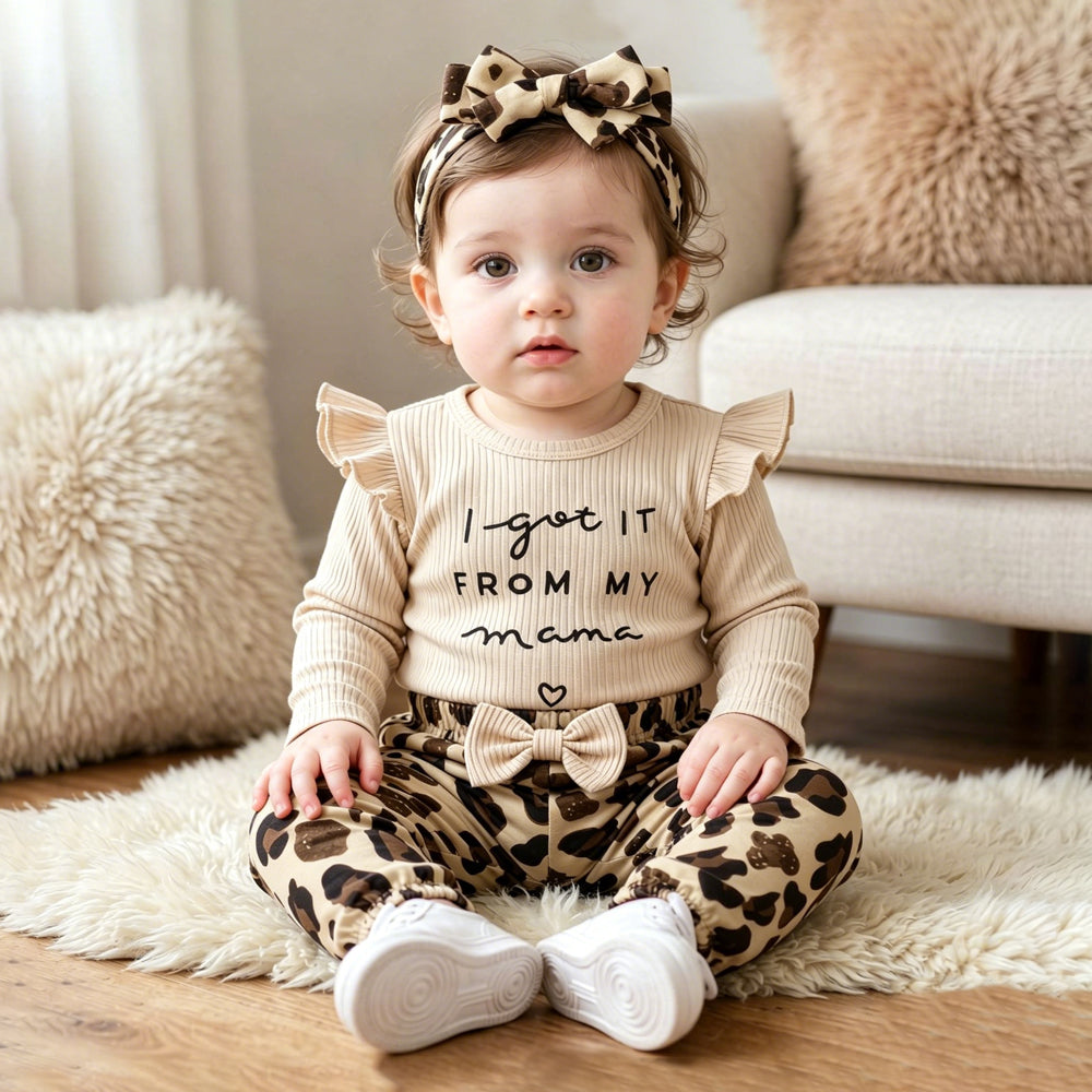 3PCS I Got It From My Mama Leopard Printed Baby Girl Set
