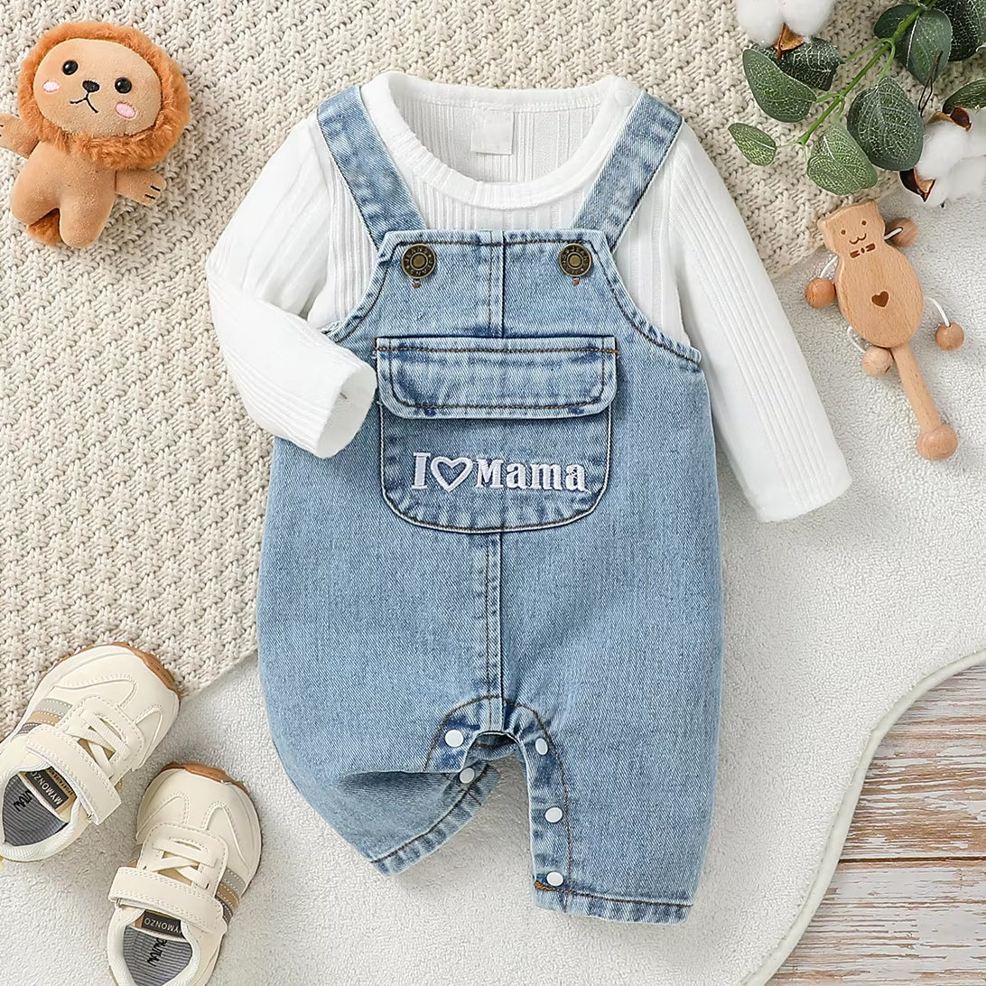 2PCS "I Love Mama" Embroidered Baby Denim Overalls Set