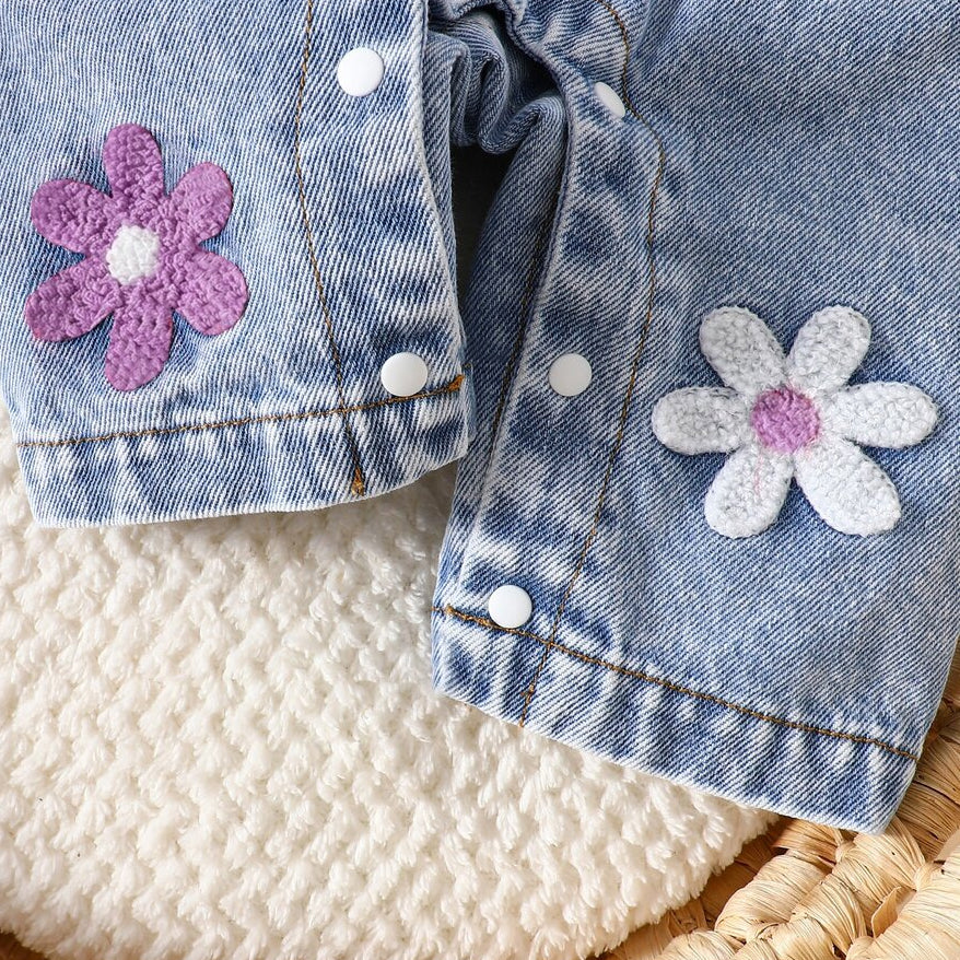 2PCS Charming Floral Applique Long Sleeve Baby Denim Overalls Set
