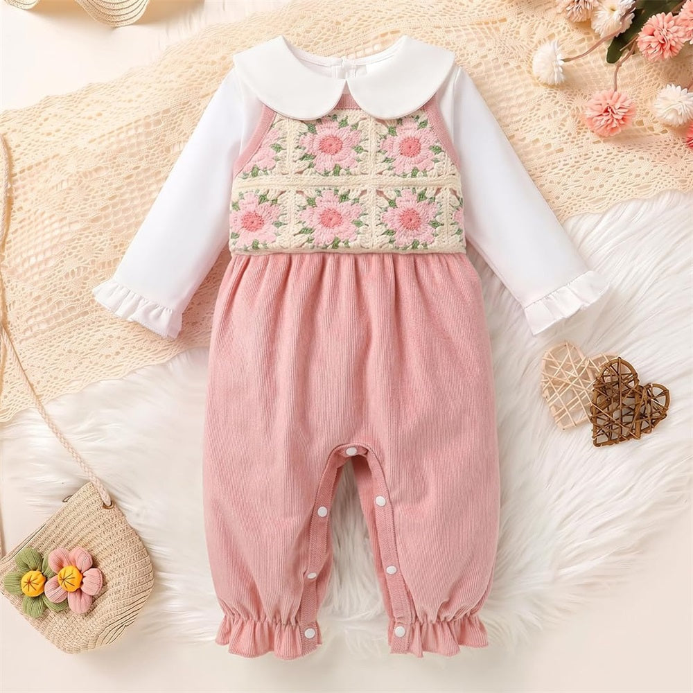 Stylish Floral Embroidery Long Sleeve Baby Jumpsuit