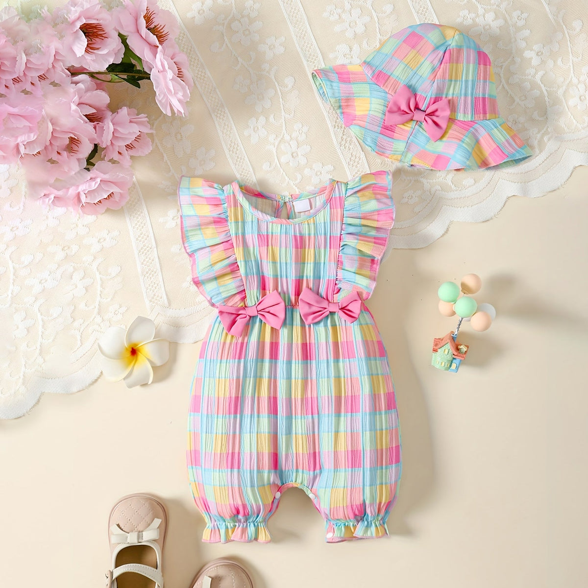 2PCS Pretty Plaid Printed Sleeveless Baby Jumpsuit