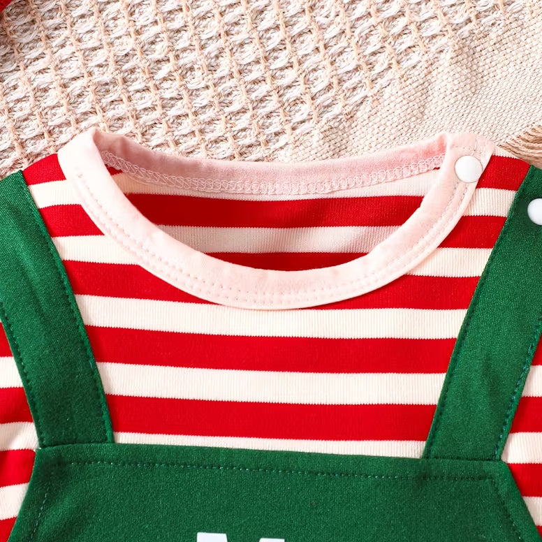 2PCS My 1st Christmas Letter Santa Stripe Print Faux Layering Baby Jumpsuit