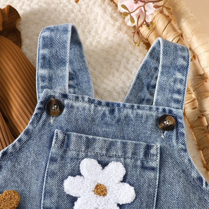 2PCS Pretty Floral Applique Long Sleeve Baby Denim Overalls Set