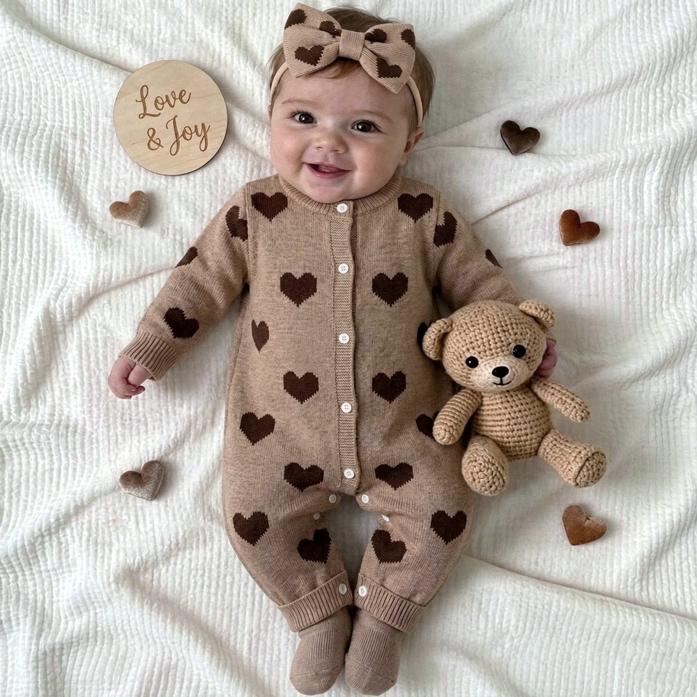 2PCS Autumn/Winter Heart Print Knit Long Sleeve Baby Jumpsuit