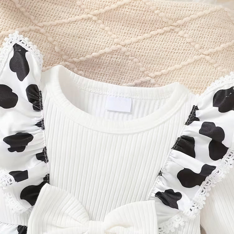 2PCS Chic Cow Print Ruffle Decor Long Sleeve Baby Girl Jumpsuit