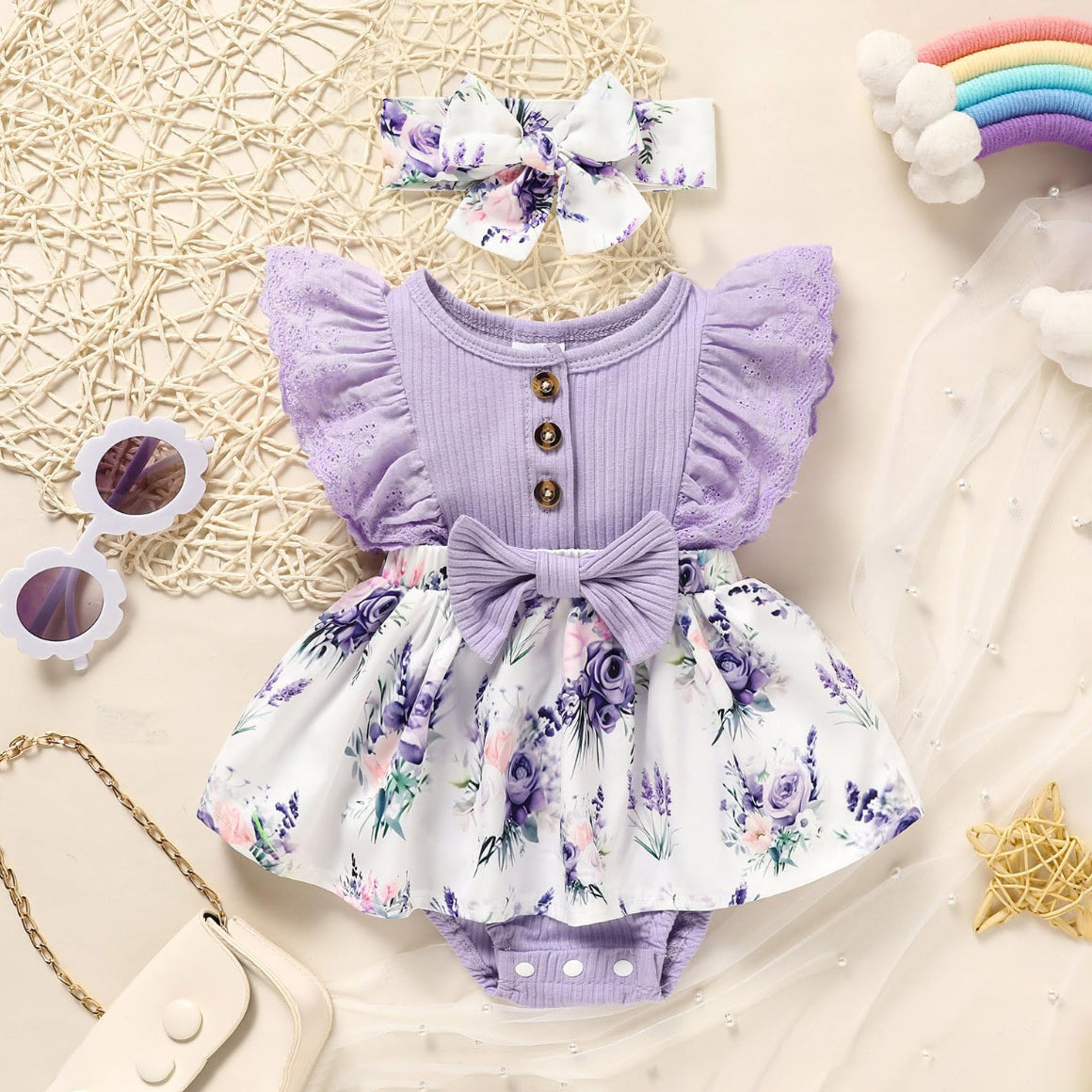 2PCS Cute Floral Printed Ruffled Sleeveless Baby Romper