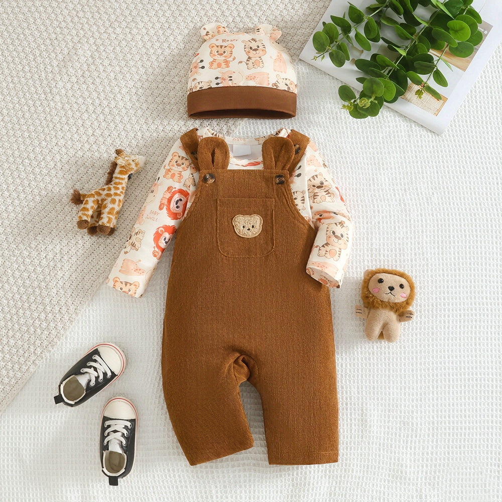 3PCS Cute Cartoon Animal Print Long Sleeve Baby Overalls Set