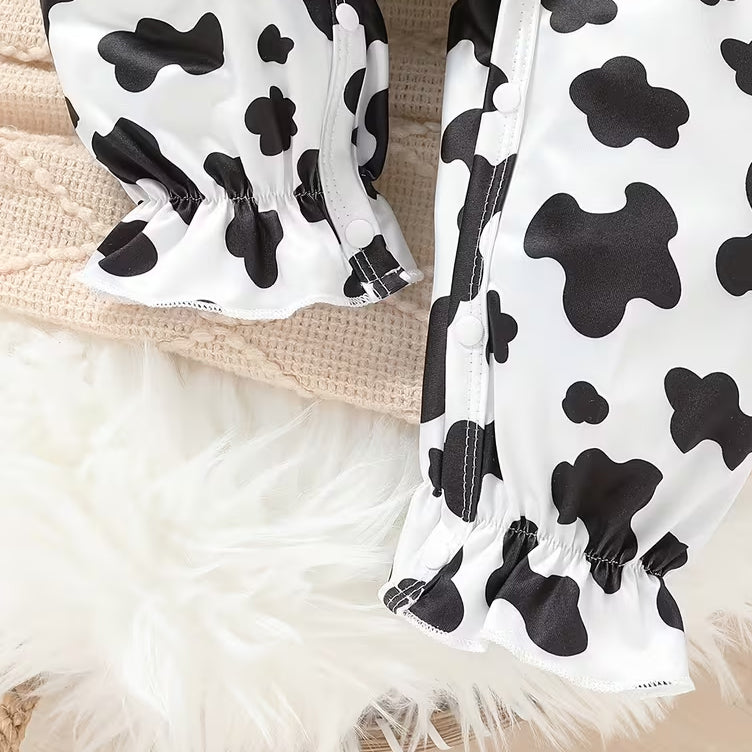 2PCS Chic Cow Print Ruffle Decor Long Sleeve Baby Girl Jumpsuit