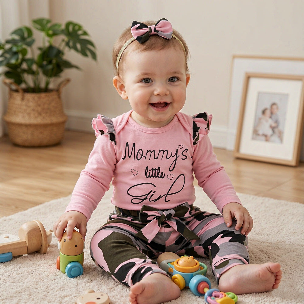 3PCS Mommy's Little Girl Letter Printed Rufffled Romper With Camouflage Printed Pants Baby Girl Set