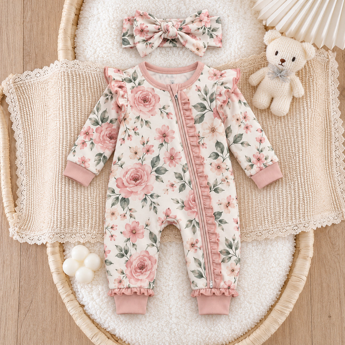 2PCS Sweet Floral Print Long Sleeve Ruffle Baby Zipper Jumpsuit