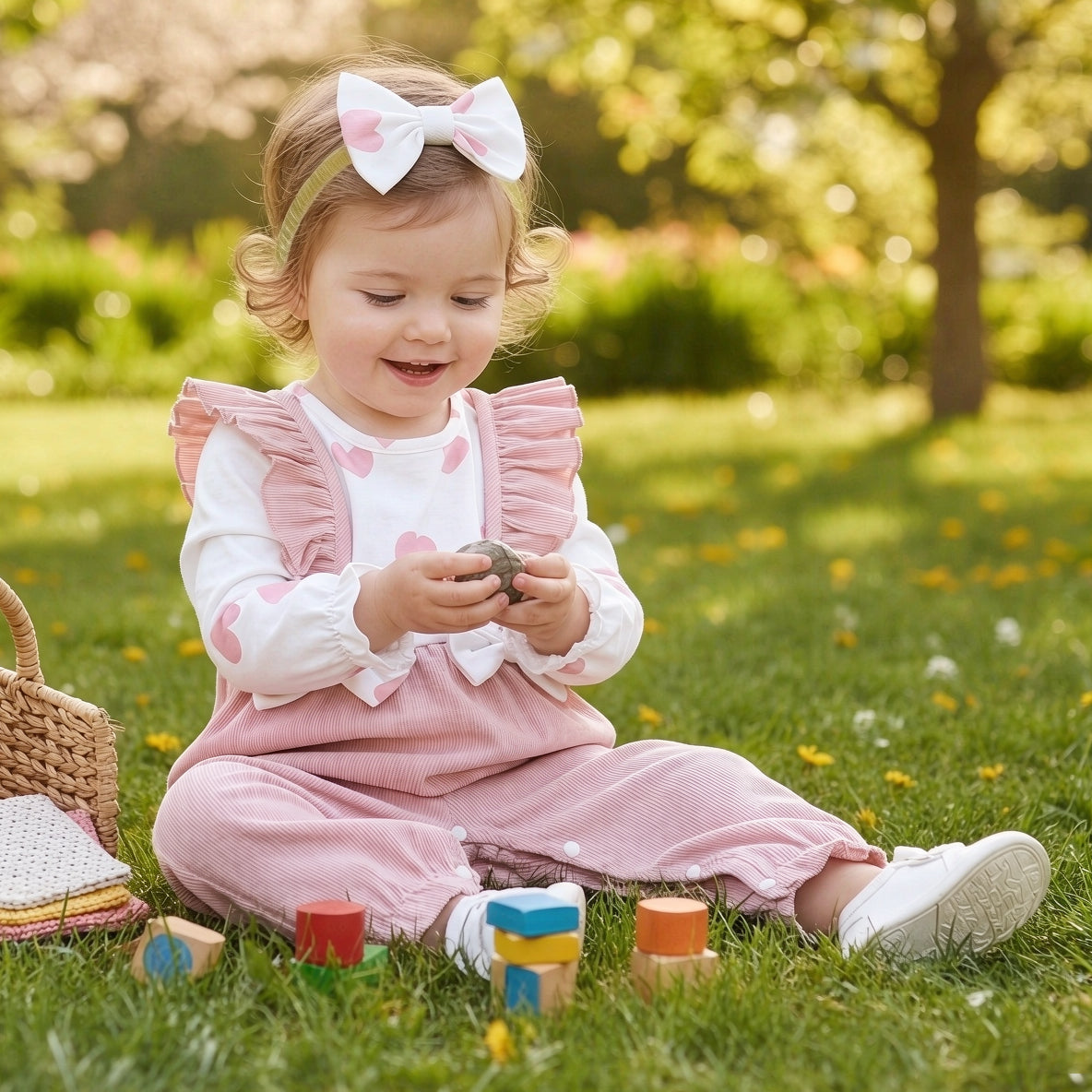2PCS Lovely Baby Girl Heart Print Faux Two Piece Jumpsuit