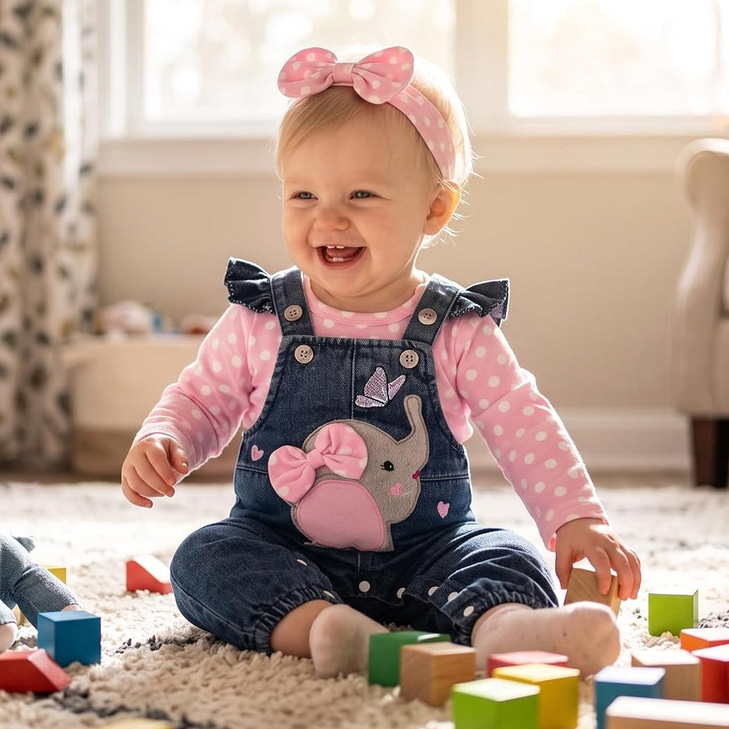 3PCS Sweet Polka Dots Print Elephant Embroidery Baby Overalls Set