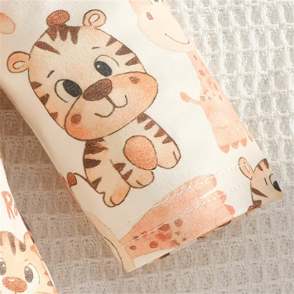 3PCS Cute Cartoon Animal Print Long Sleeve Baby Overalls Set