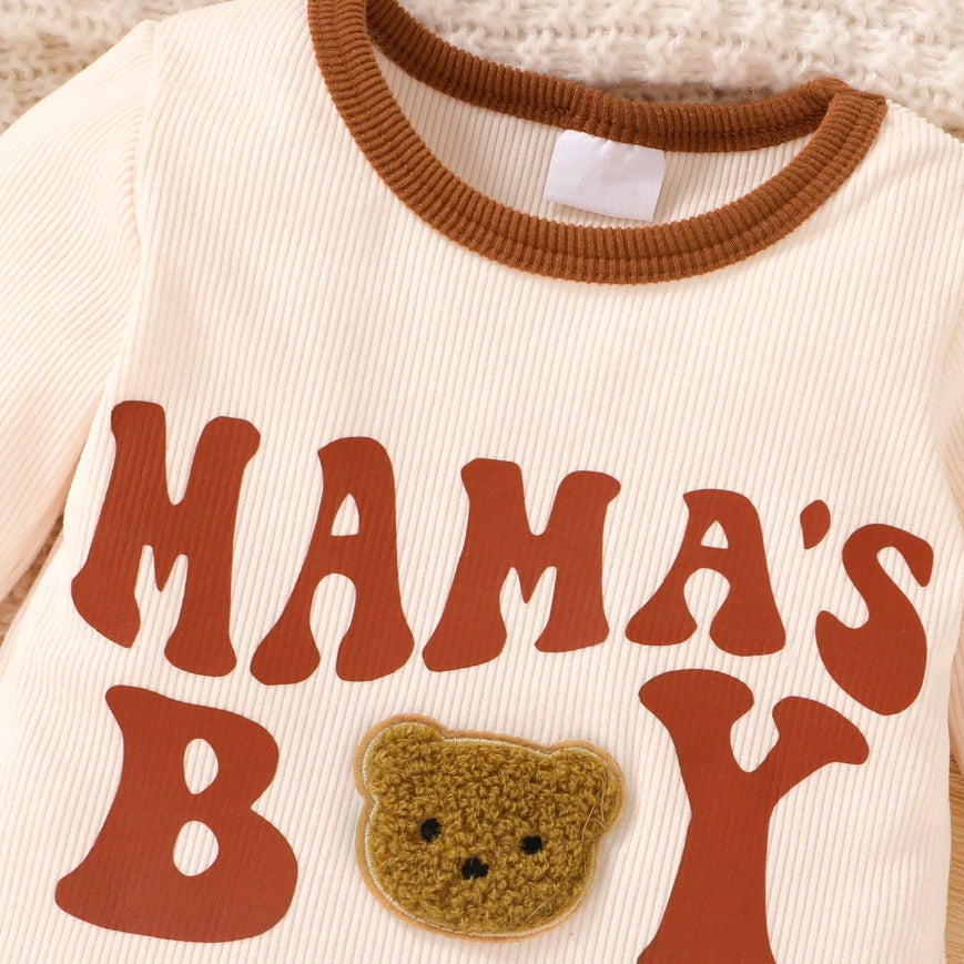 3PCS Mama's Boy Letter Bear Applique Long Sleeve Baby Set