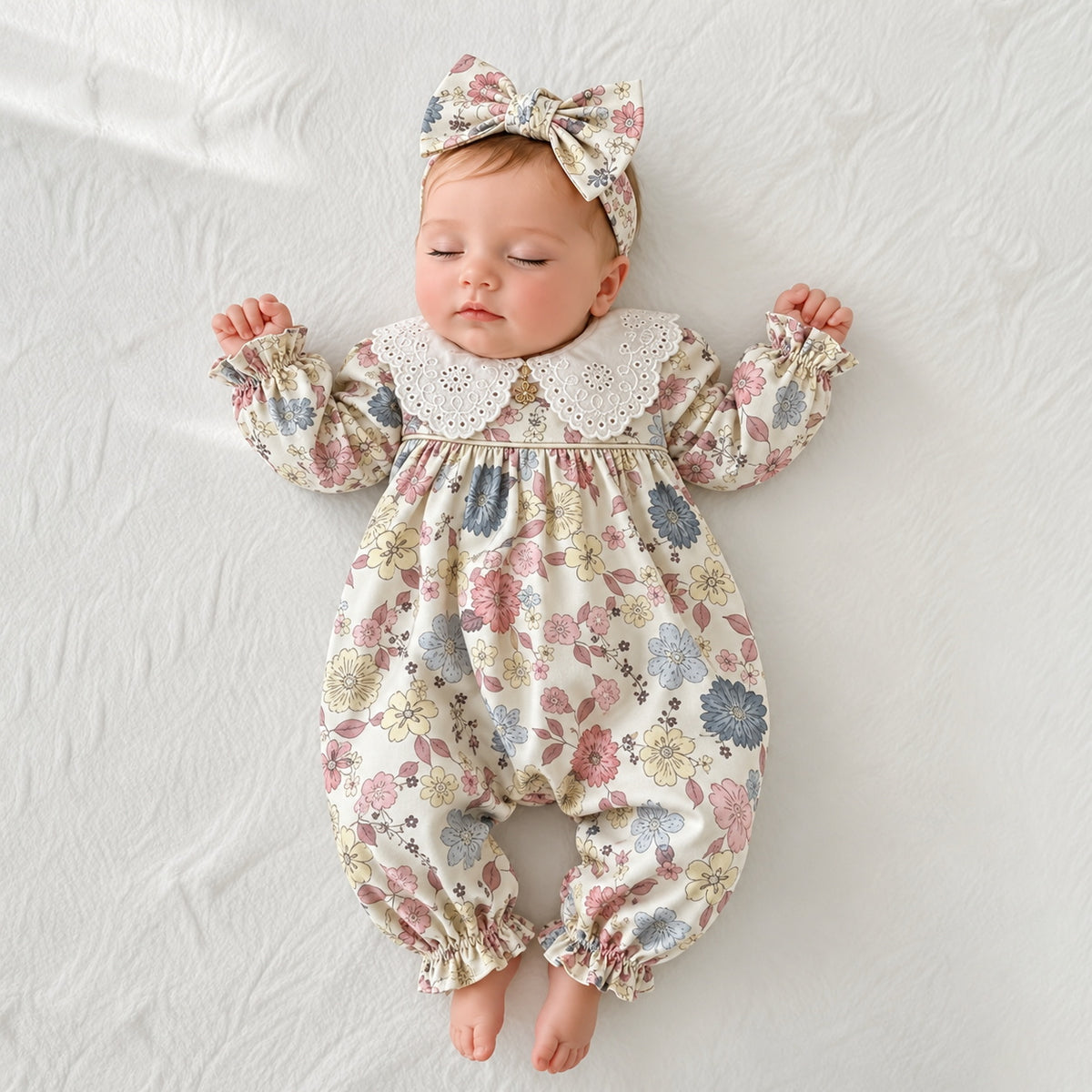 2PCS Pastoral Floral Print Scalloped Lace Yoke Long Sleeve Girl Jumpsuit