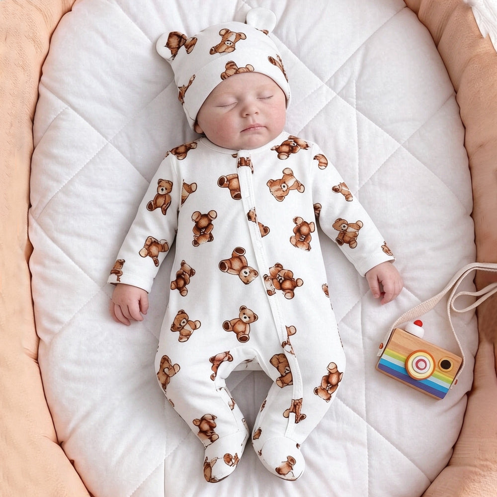 2PCS Casual Teddy Bear Print Long Sleeve Baby Jumpsuit