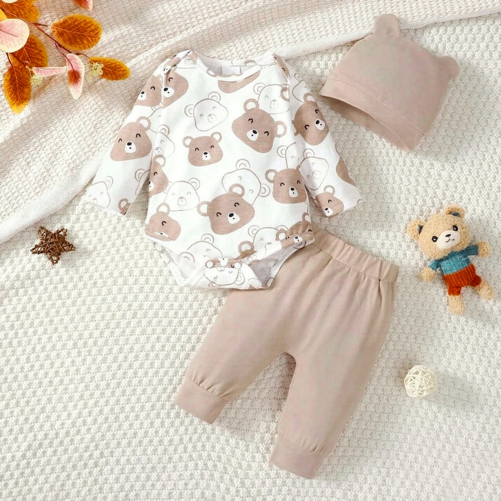 3PCS Casual Teddy Bear Print Long Sleeve Baby Set