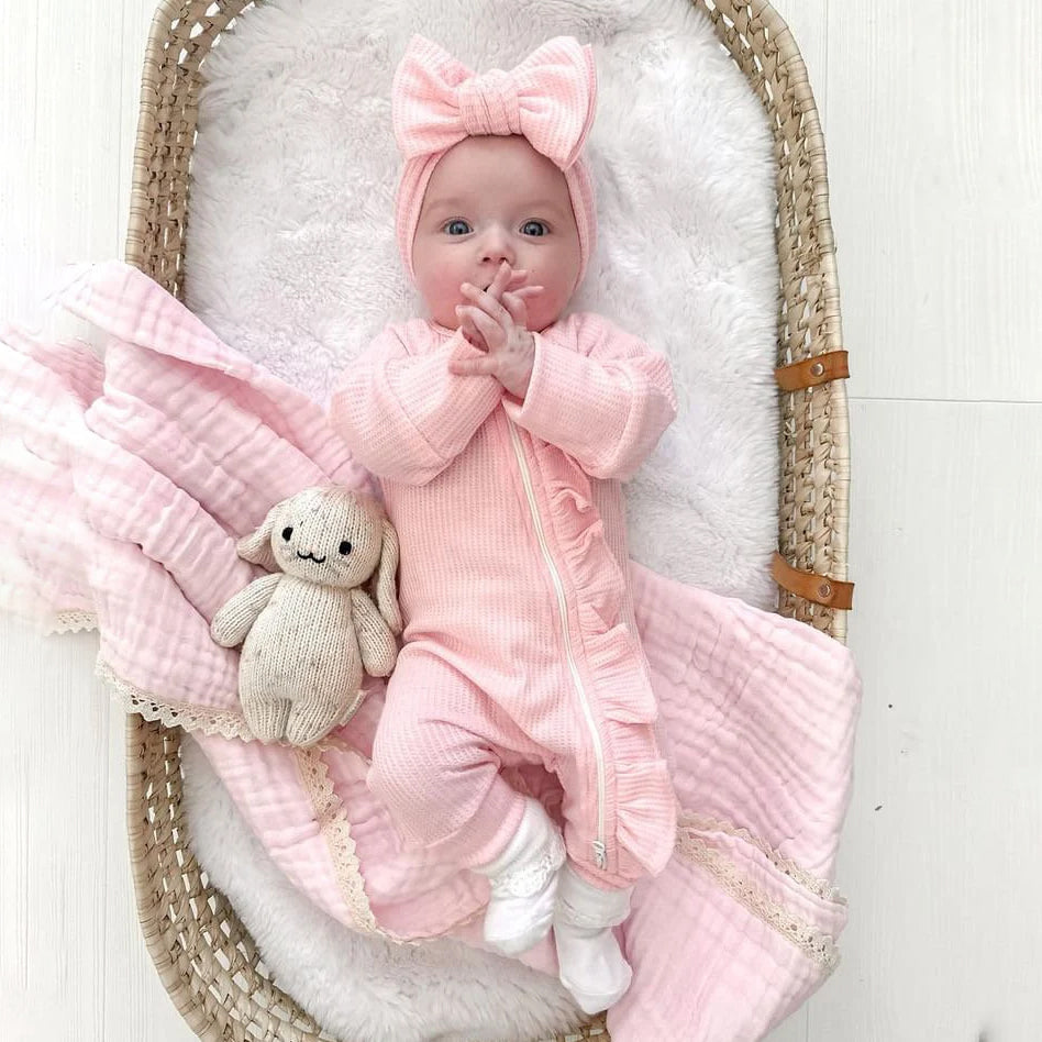 2PCS Solid Color Long Sleeve Ruffle Zipper Baby Jumpsuit