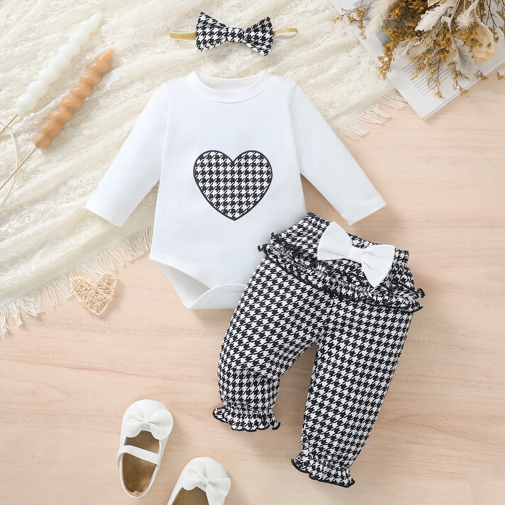 3PCS Chic Heart Houndstooth Print Long Sleeve Baby Girl Set