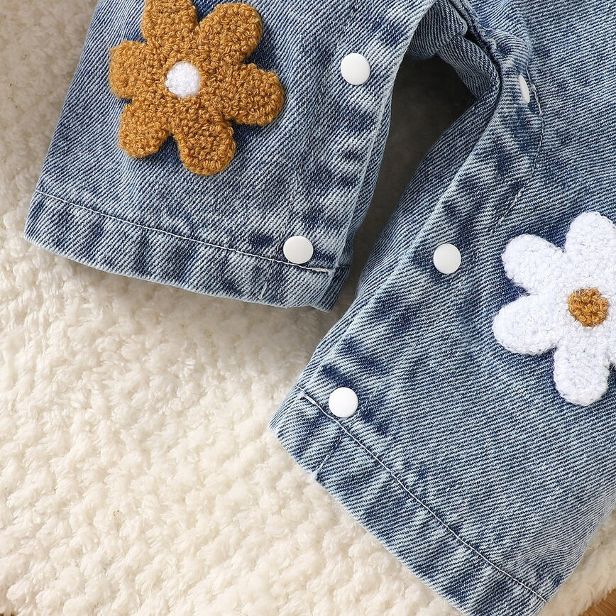 2PCS Pretty Floral Applique Long Sleeve Baby Denim Overalls Set