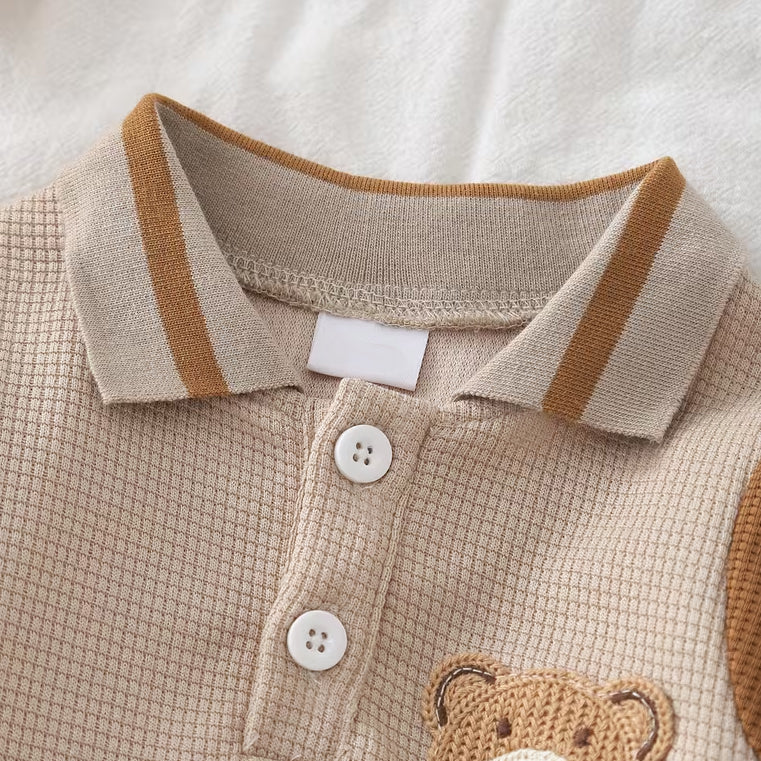 2PCS Casual Bear Applique Colorblock Baby Boy Waffle Set