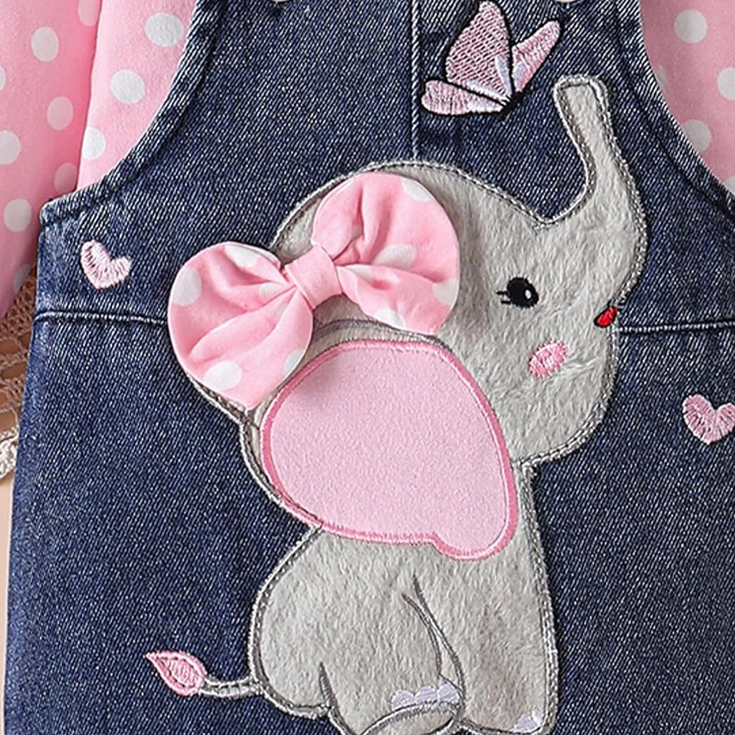 3PCS Sweet Polka Dots Print Elephant Embroidery Baby Overalls Set