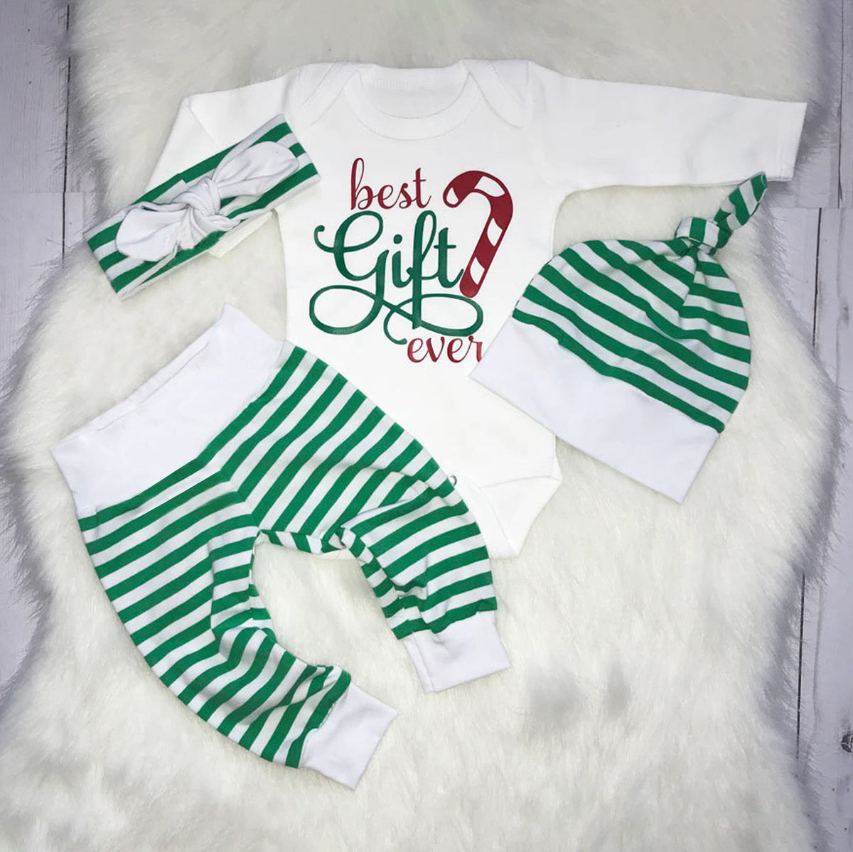 4PCS Best Gift Ever Letter Stripe Printed Baby Set