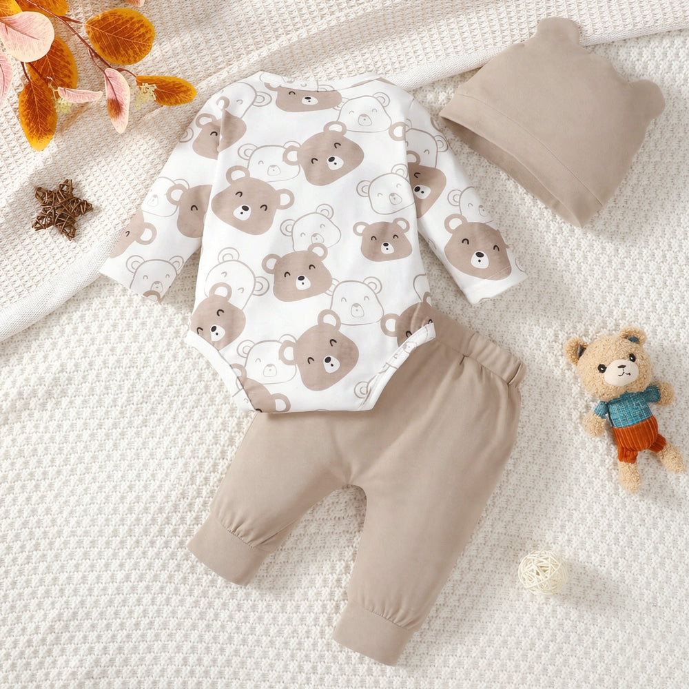 3PCS Casual Teddy Bear Print Long Sleeve Baby Set