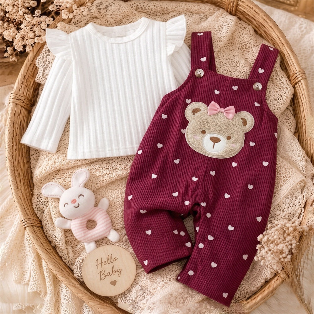 2PCS Bear Applique Heart Print Long Sleeve Corduroy Baby Overalls Set