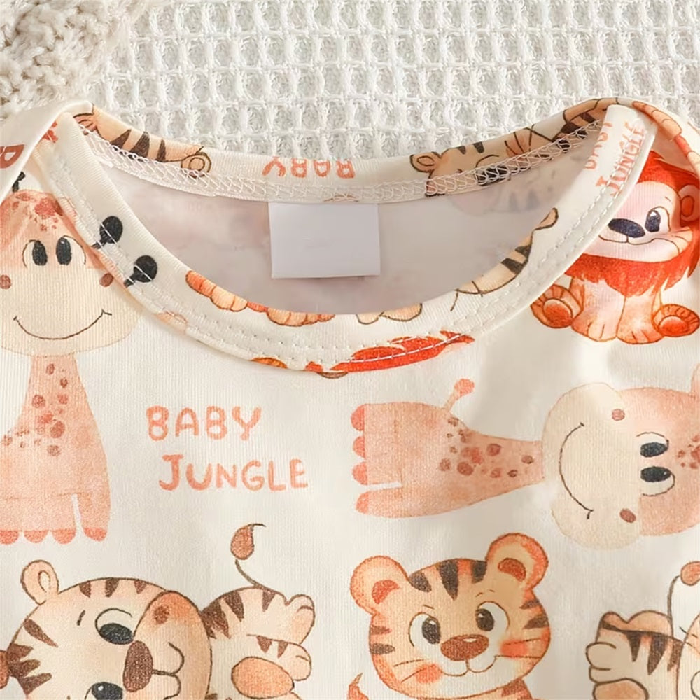3PCS Cute Cartoon Animal Print Long Sleeve Baby Overalls Set