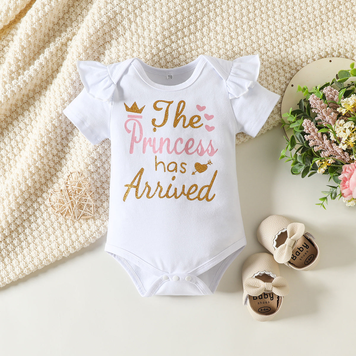 3PCS The Princess Has Arrived Letter Printed Floral Baby Set