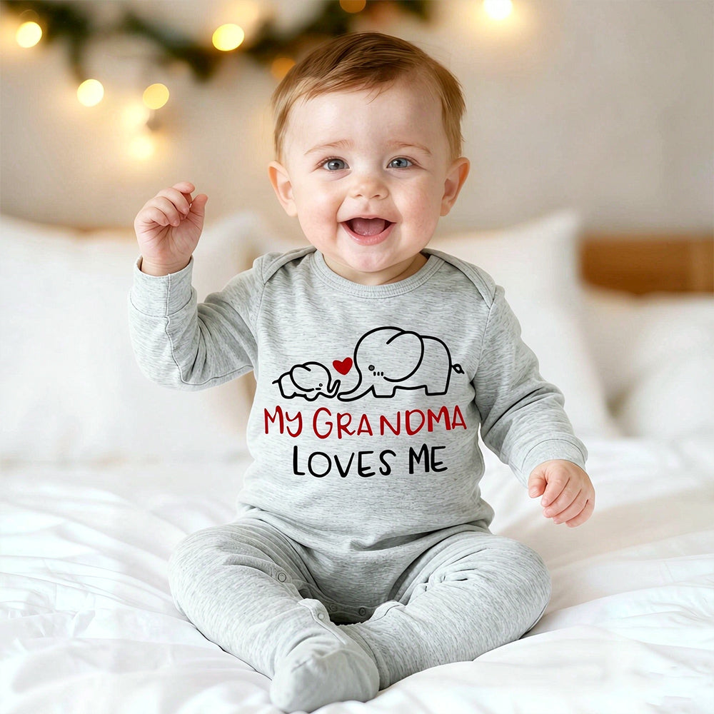 Casual My Grandma Loves Me Letter Elephant Print Baby Jumpsuit