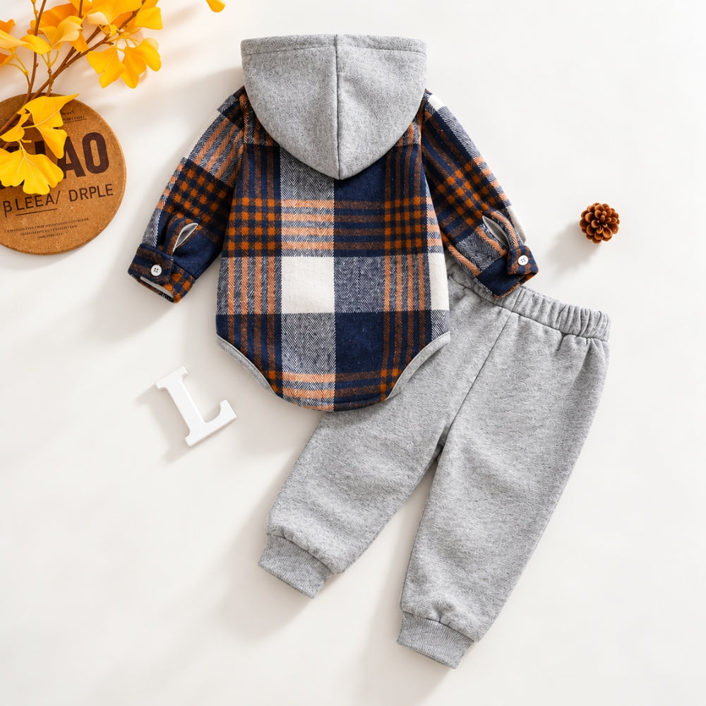 2PCS Cozy Plaid Print Long Sleeve Hoodie Baby Boy Set