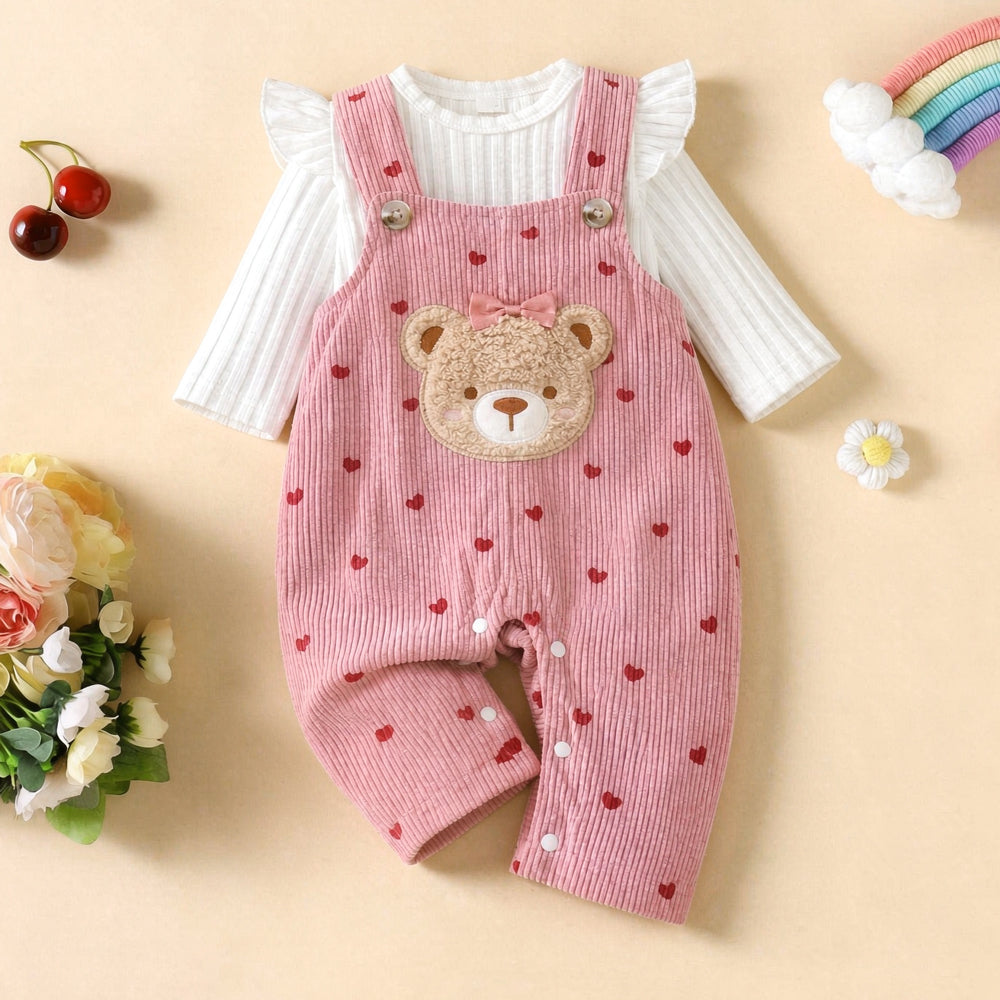 2PCS Bear Applique Heart Print Long Sleeve Corduroy Baby Overalls Set