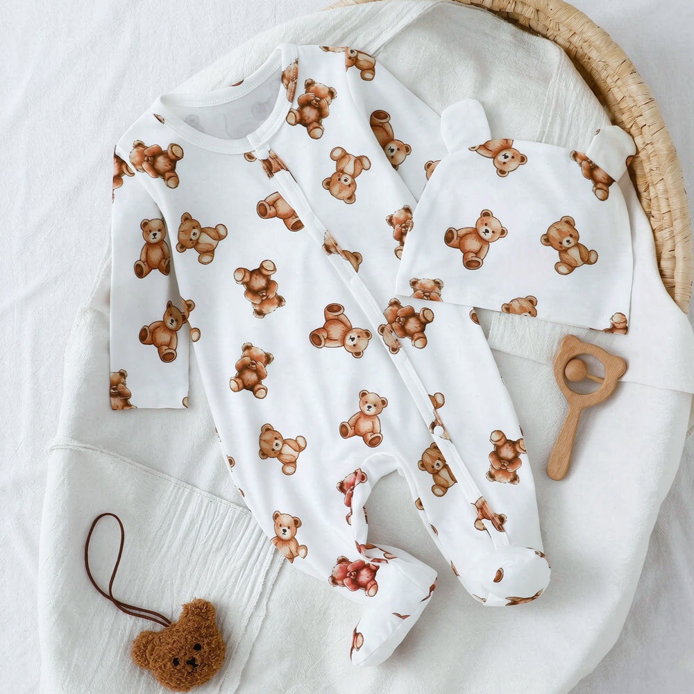 2PCS Casual Teddy Bear Print Long Sleeve Baby Jumpsuit