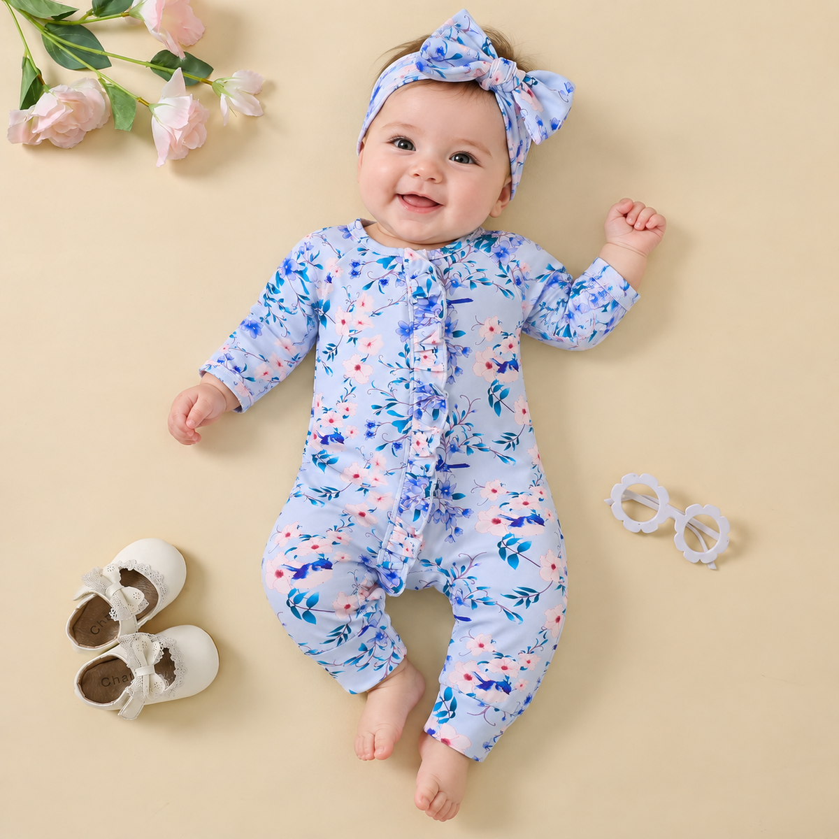 2PCS Pretty Floral Printed Long Sleeve Baby Jumpsuit