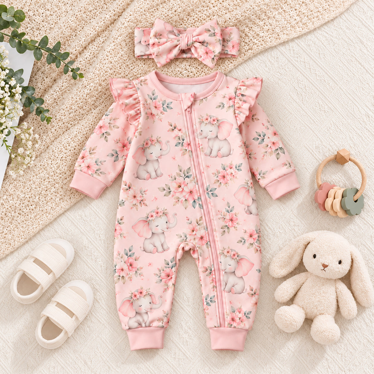 2PCS Lovely Elephant Floral Print Long Sleeve Baby Girl Zipper Jumpsuit
