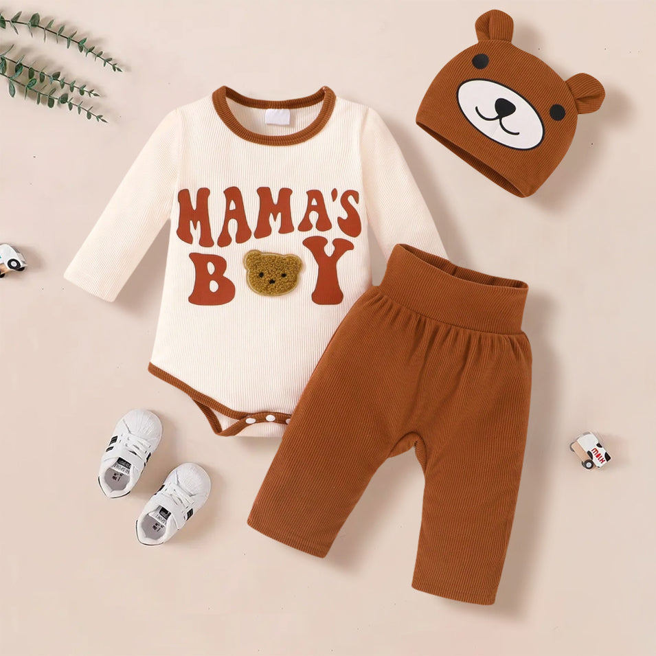 3PCS Mama's Boy Letter Bear Applique Long Sleeve Baby Set